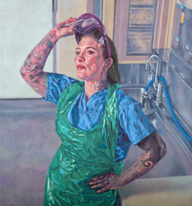 KATIE TOMKINS - Mortuary & Post Mortem Services Manager at West Hertfordshire NHS Trust (2020) copyright Roxana Halls. Oil on linen.